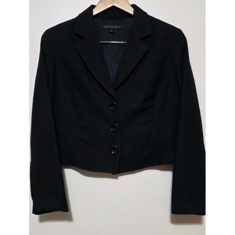 Lafayette 148 Wool Blend Button Up Short Blazer Jacket Sz 8 Navy Woman Business